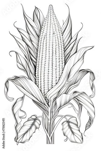 Black and White coloring book two corn cobs surrounded by leaves. Corn as a dish of thanksgiving for the harvest  a picture on a white isolated background.