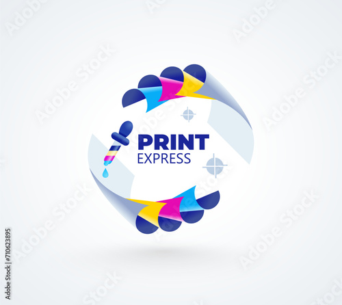 Cmyk print prepress logo. Rounded Cmyk sheets of paper and pipette ink. Template polygraphy design vector.