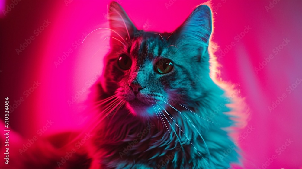 A fluffy Russian Blue cat illuminated by neon lights against a neon pink background, showcasing its sleek and sophisticated appearance.