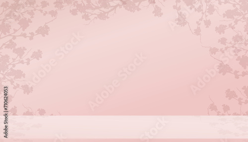 Spring background,Studio Room with 3D Podium Display with Cherry Blossoming on Pink Wall Background,Vector illustration backdrop Sakura flower frame border for Mother Day,Valentines,Easter Banner