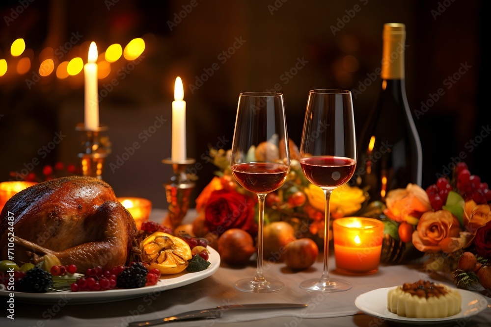 Elegant food, roast turkeys, wine glasses, candles and vegetables and fruits. Turkey as the main dish of thanksgiving for the harvest.