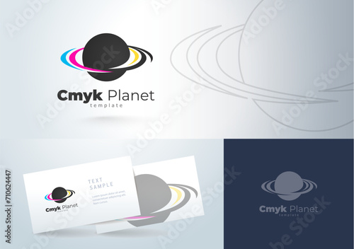 Logo Сmyk Polygraphy theme. Planet and rings. Template design vector. White background.