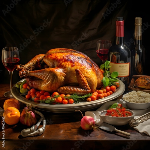 Pile of food, Roast turkey fruit, vegetables, bottle, wine, glasses and flowers on dark background. Turkey as the main dish of thanksgiving for the harvest, picture on a white isolated background.