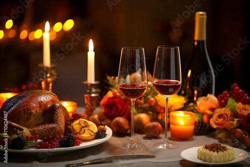 Elegant food  roast turkeys  wine glasses  candles and vegetables and fruits. Turkey as the main dish of thanksgiving for the harvest.