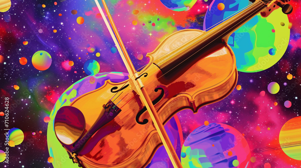 Wow pop art violin. Planets in space colorful background. Pop art music concept, fantasy pop art