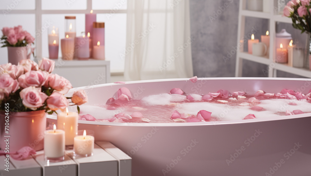 romanic bath with rose petals and cadles around it - obrazy, fototapety, plakaty 
