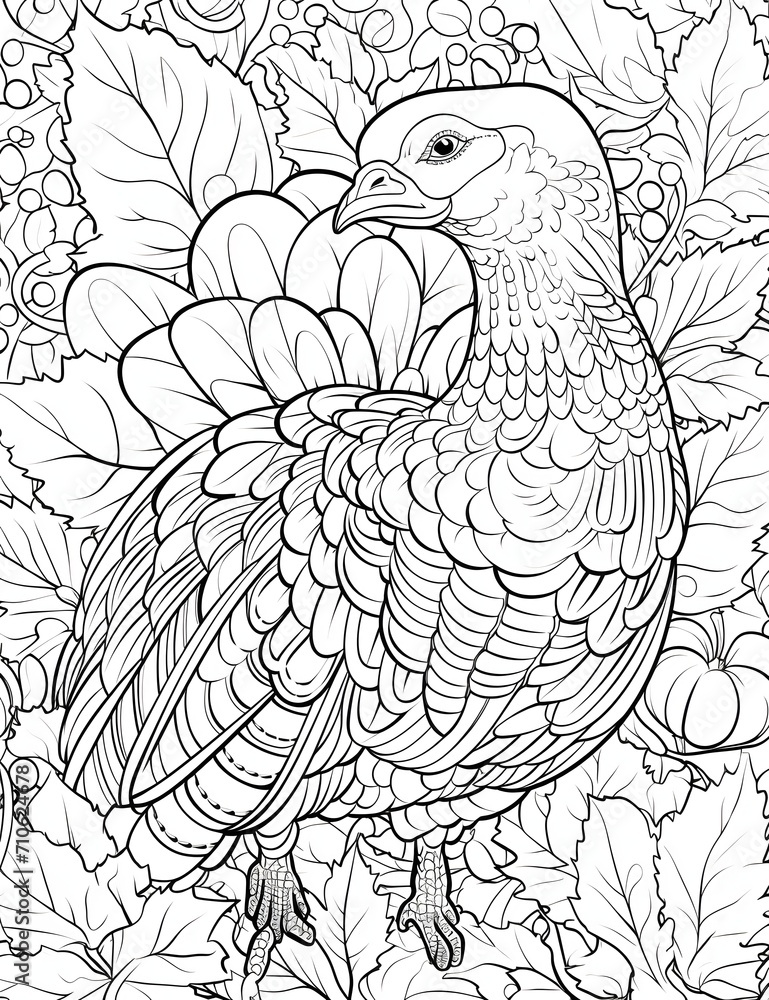 Black and white coloring book large turkey in leaves. Turkey as the main dish of thanksgiving for the harvest.