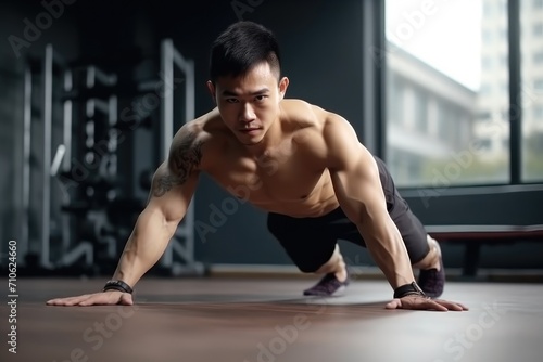 fitness man training, stretching and fitness at gym for wellness or exercise with workout