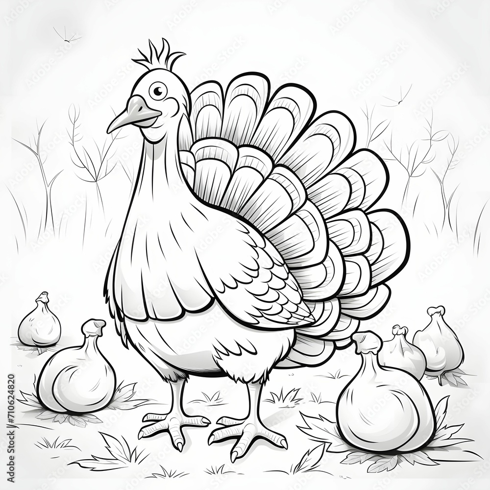 Black and White coloring book, funny turkey. Turkey as the main dish of thanksgiving for the harvest, picture on a white isolated background.