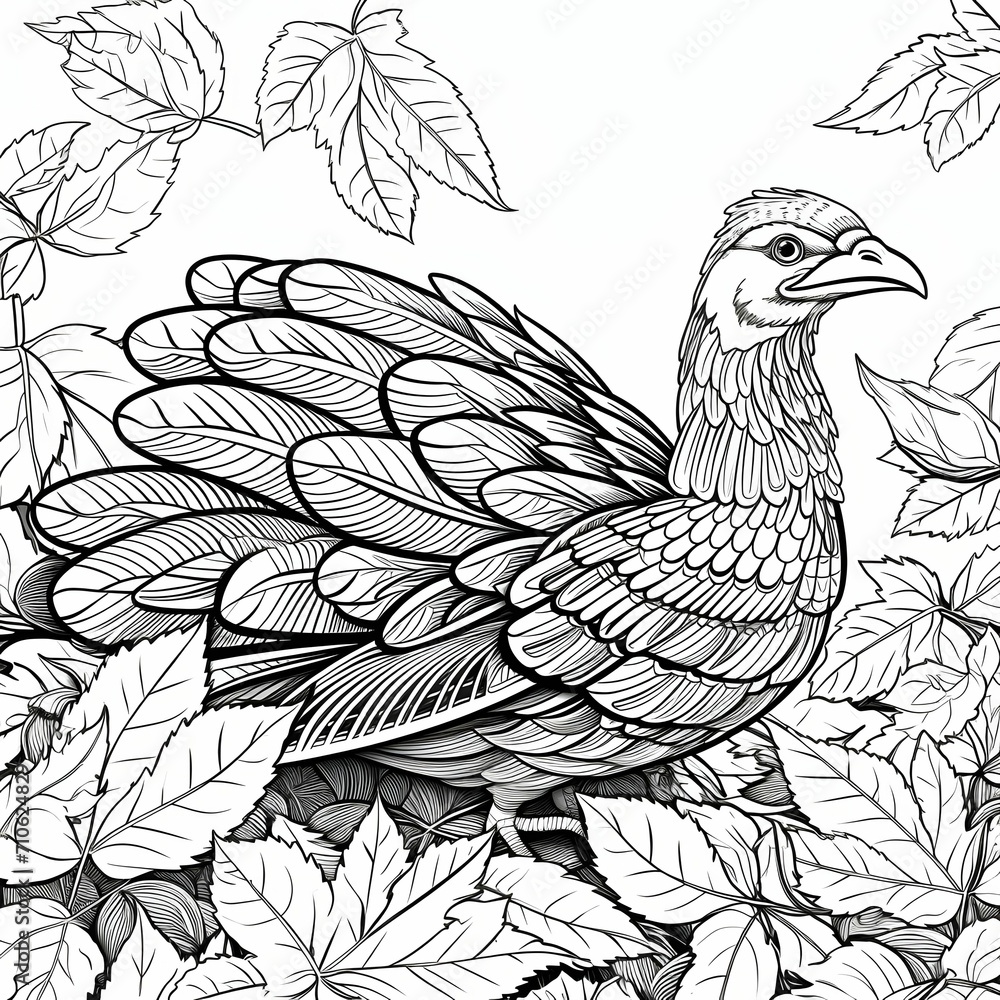Coloring book. Black and white turkey surrounded by leaves. Turkey as the main dish of thanksgiving for the harvest.