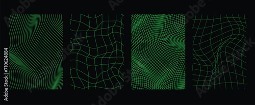 Collection of futuristic cyberpunk style elements. Geometric wireframe of square, distortion, grid with neon green color. Retro graphic on black background for decoration, business, cover, poster.