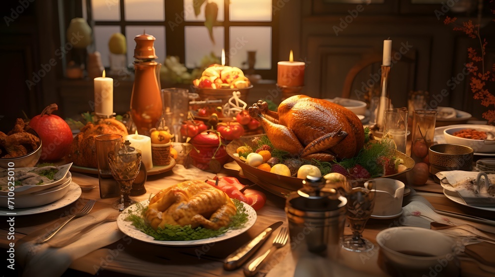 Table set with food ready for Thanksgiving feast with roast turkey, candles, vegetables, fruits. Turkey as the main dish of thanksgiving for the harvest.