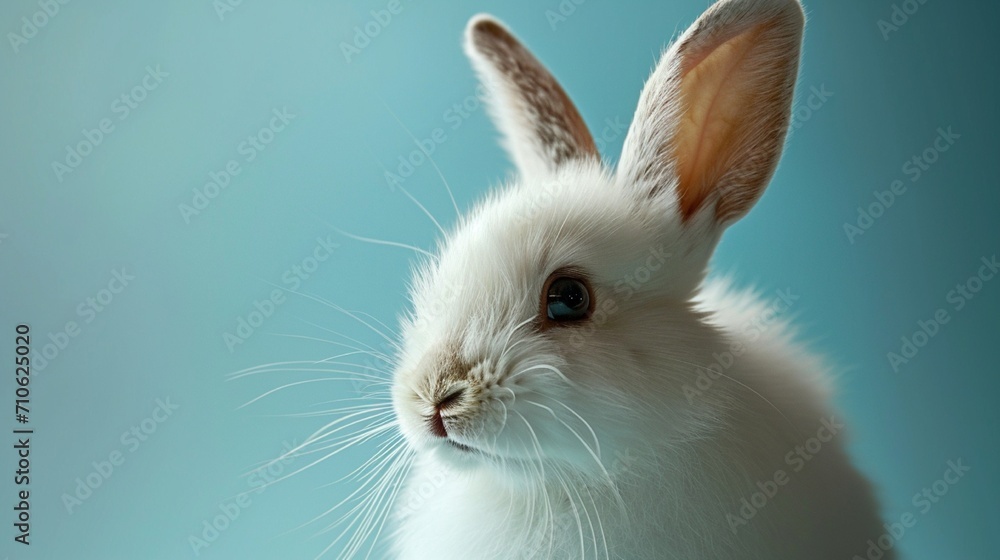 A fluffy white bunny against a sky blue backdrop, showcasing its adorable twitching nose. A fluffy white bunny against a sky blue backdrop, showcasing its adorable twitching nose.
