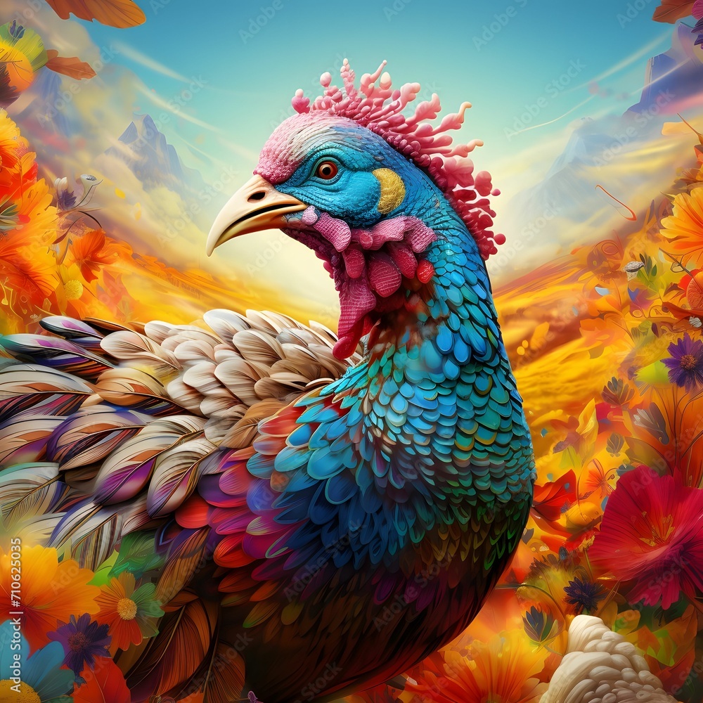 Colorful turkey sits on flowers, smudged background. Turkey as the main dish of thanksgiving for the harvest.