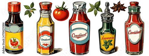Collection of vintage illustrations with effects Halftone cartoon style in 1950's, Illustration of condiments, Transparent background PNG.
