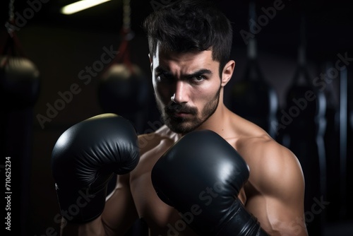 fitness, exercise and portrait of a man with boxing gloves in gym ready for training or workout © Sergey