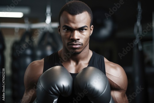 portrait of a young man standing in gym and wearing boxing gloves © Sergey