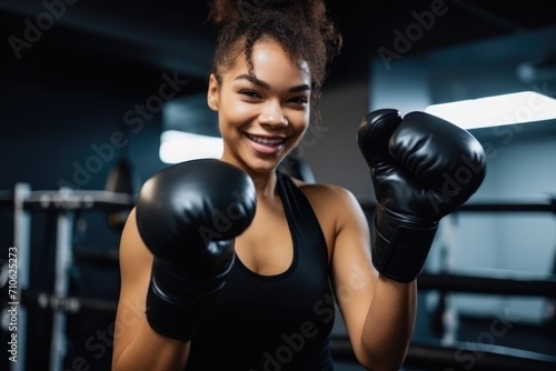proud young mixed race athlete celebrating while wearing gloves and being ready to exercise at gym © Sergey
