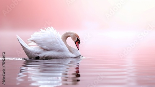 Fototapeta Naklejka Na Ścianę i Meble -  A graceful swan gliding on water against a serene pastel pink background.