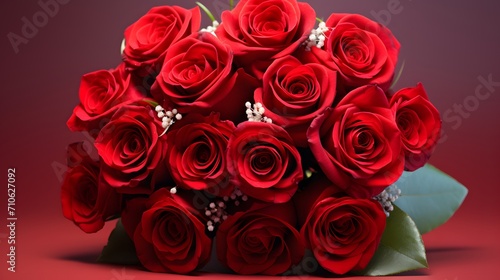 Bouquet of beautiful rose flowers on red background. Valentine s Day celebration