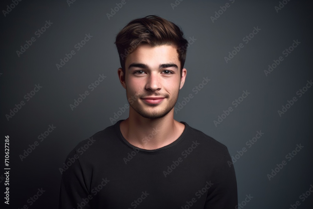 studio shot of a handsome young man against a grey background
