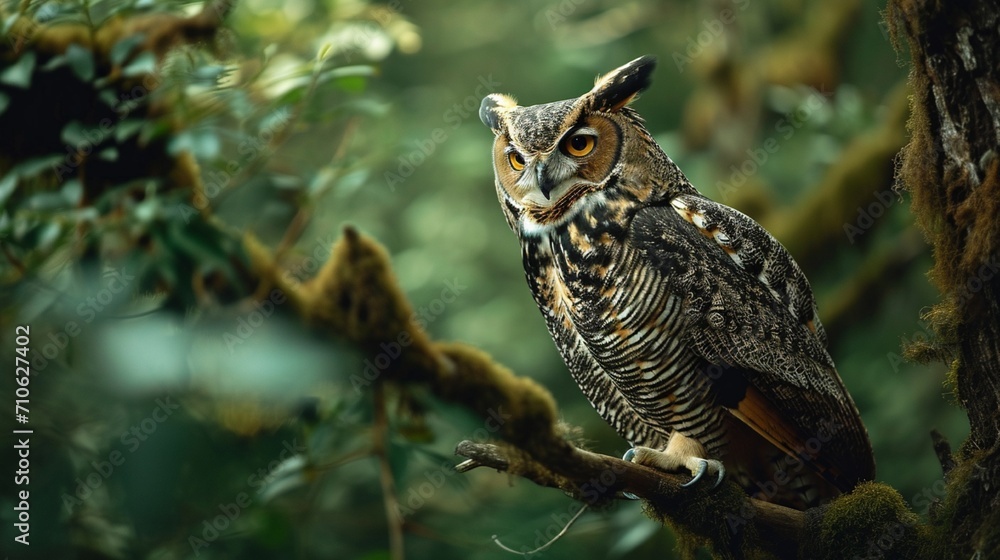 Obraz premium A majestic horned owl perched against a deep forest green background, camouflaged in nature.