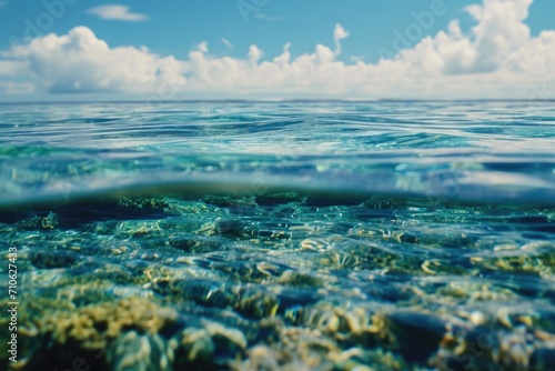 A serene view of the ocean captured from the water's surface. Ideal for travel brochures, beach-themed websites, and relaxation-themed designs