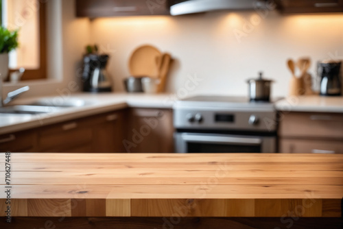 Frontal view of a wood table top on blur kitchen counter background - Product presentation
