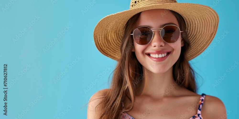 A woman wearing a straw hat and sunglasses. Perfect for summer fashion or beach-themed designs A woman wearing a straw hat and sunglasses. Perfect for summer fashion or beach-themed designs