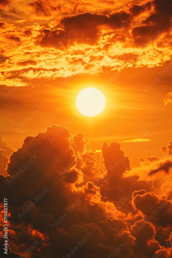 Fototapeta premium A beautiful sunset as the sun sets over the clouds in the sky. This image can be used to depict the end of the day, peacefulness, and the beauty of nature