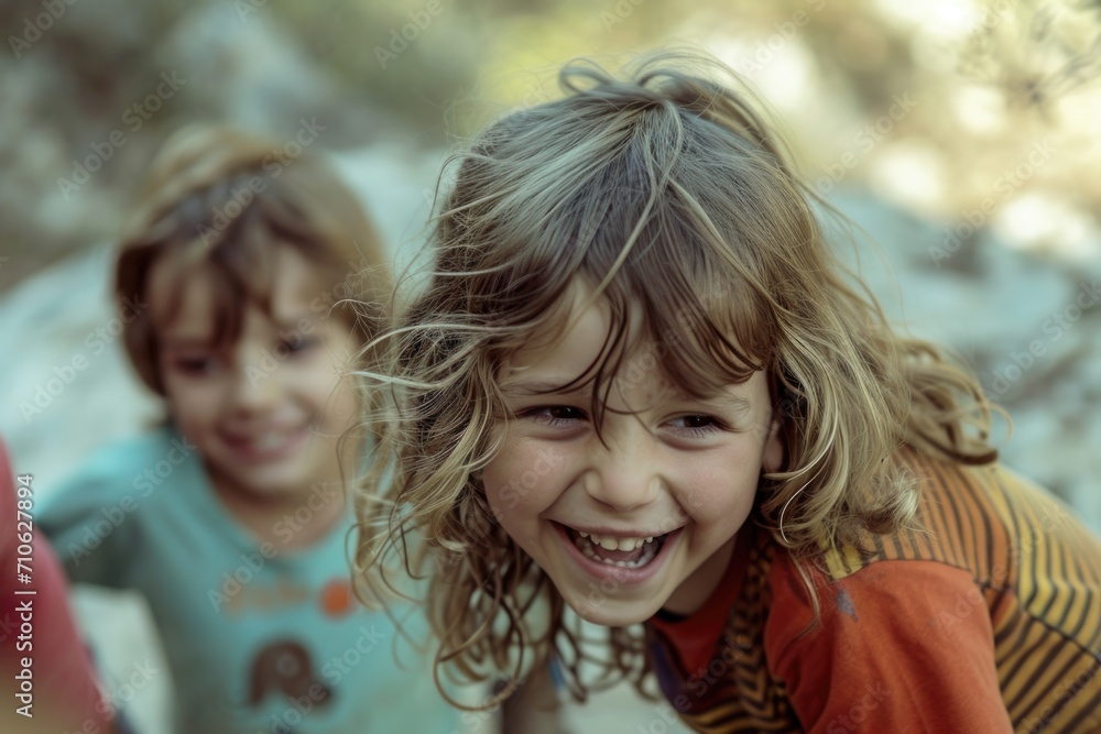 A young girl is seen smiling while standing next to a boy. This image can be used to depict friendship, innocence, or a happy moment between children A young girl is seen smiling while standing next to a boy. This image can be used to depict friendship, innocence, or a happy moment between children