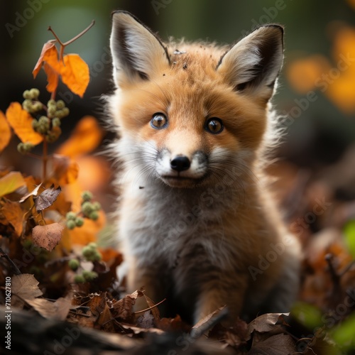 Photo of a curious baby fox in the forest. Generative AI