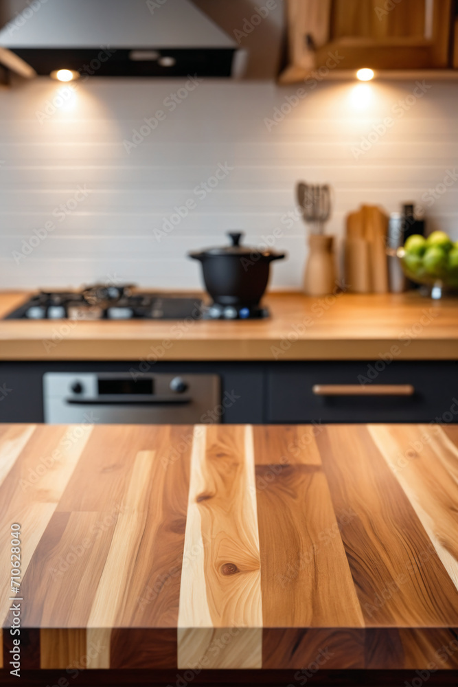 Frontal view of a wood table top on blur kitchen counter background - Product presentation Frontal view of a wood table top on blur kitchen counter background - Product presentation