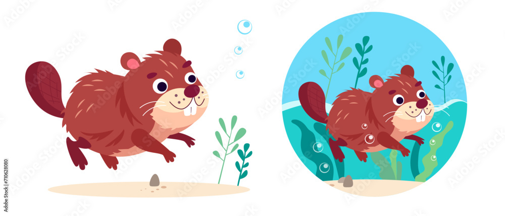Fototapeta premium Cute stylised cartoon flat beaver swimming underwater. Vector illustration on white background for design