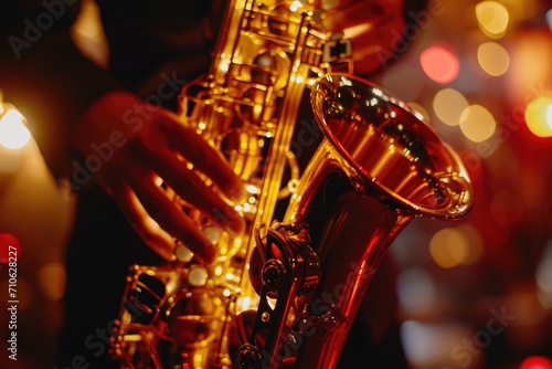A person playing a saxophone in a dark room. Perfect for capturing the moody atmosphere of a jazz club or a musician's practice space