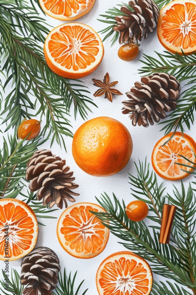 A group of oranges and pine cones arranged on a table. Perfect for autumn or holiday-themed designs