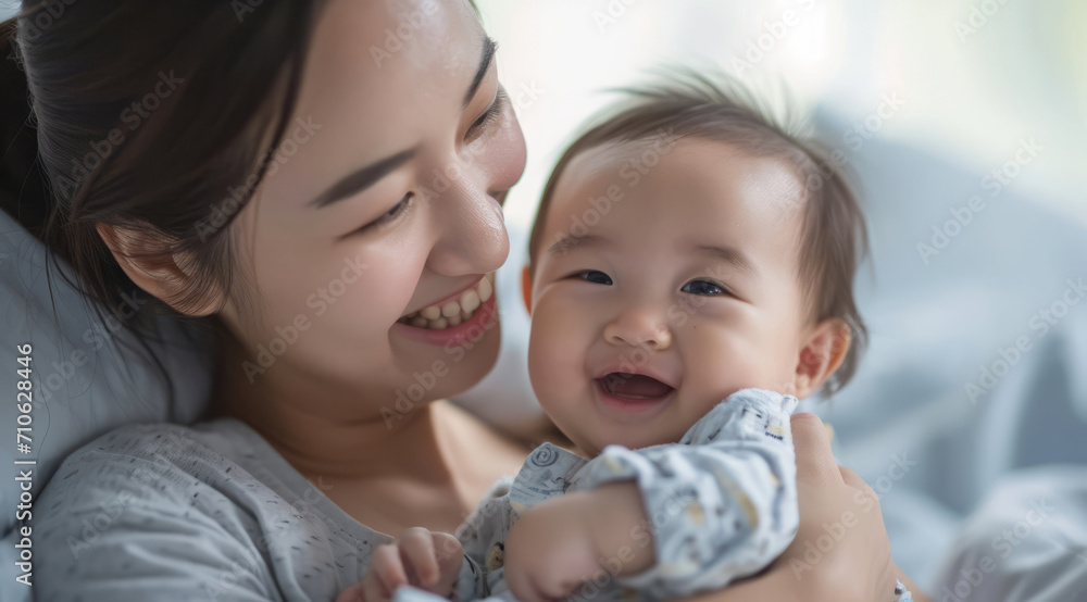 Asian mother holding an infant toddler, a concept of a happy successful middle-class Asian family Asian mother holding an infant toddler, a concept of a happy successful middle-class Asian family