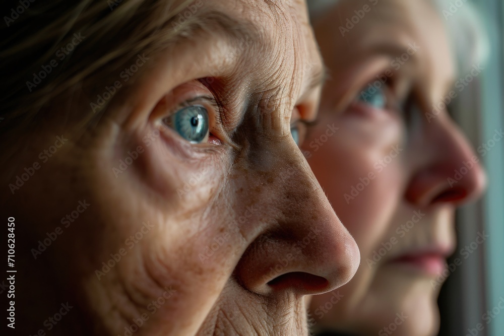 Two older women looking out of a window. Suitable for various concepts and themes related to aging, friendship, and contemplation. Two older women looking out of a window. Suitable for various concepts and themes related to aging, friendship, and contemplation.