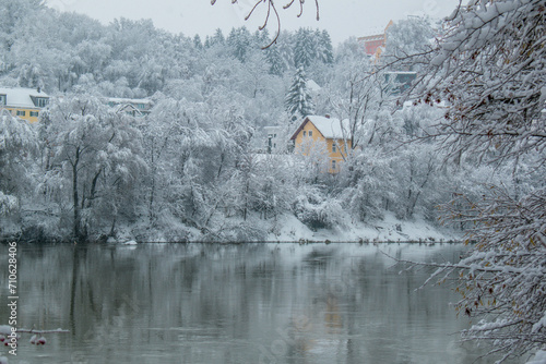Snow-covered roofs in the snowy forest