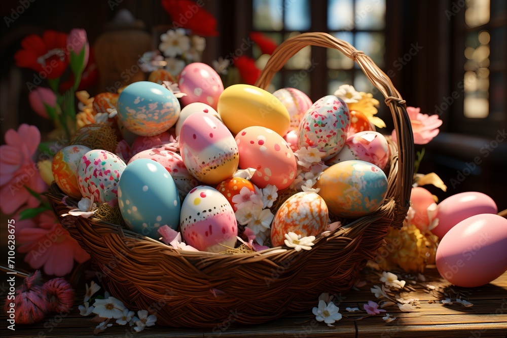Colorful Easter basket filled with eggs and treats, decorated with flowers. Easter concept. Colorful Easter basket filled with eggs and treats, decorated with flowers. Easter concept.