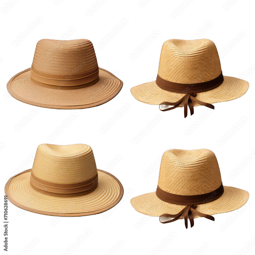 Straw sun hat isolated on a white background. Mens' or womens' fedora style straw hat with ribbon. transparent background