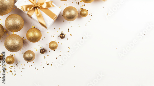 Celebrating the Festive Season: Golden Gifts, Glittering Confetti Stars, and Christmas Magic on a White Background with Copy-space for Promotional Joy!