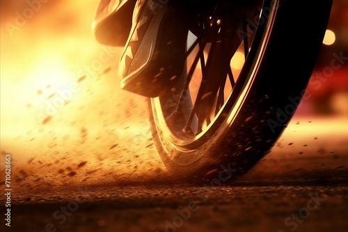 This stunning image captures the raw power and speed of a motorcycle in motion. The close-up shot focuses on the spinning wheel kicking up dust and gravel, with an intense sunset in the background photo