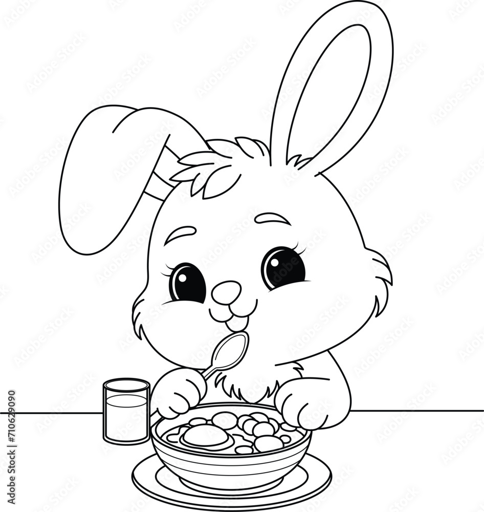 Bunny eating coloring page, black and white vector cartoon illustration ...