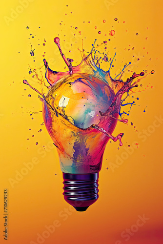 Lightbulb with splashing paints in a colorful artistic style