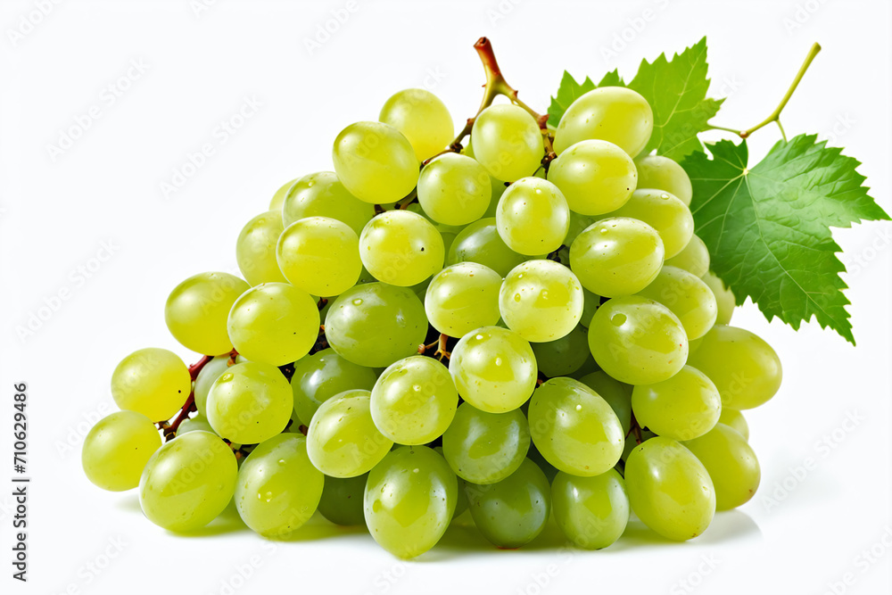 Green wet grapes bunch isolated on white background