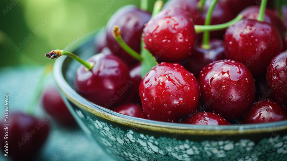 Fresh red cherries fruit on plate on wooden background close up. Fresh red cherries fruit on plate on wooden background close up.