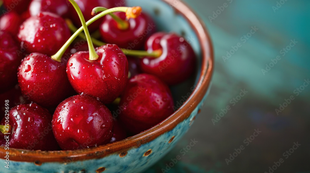Fresh red cherries fruit on plate on wooden background close up. Fresh red cherries fruit on plate on wooden background close up.