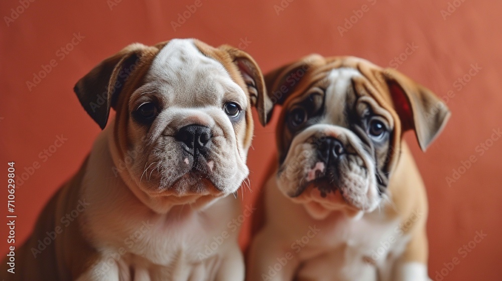 A pair of adorable Bulldog puppies with wrinkled faces against a warm coral background, capturing their adorable charm.