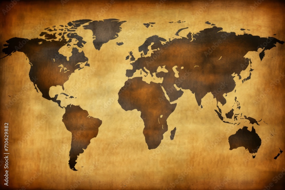 A stylized depiction of a world map projected onto a textured parchment-like background, exuding an antique and classic feel, reminiscent of old cartography and exploration. The sepia-tone filter